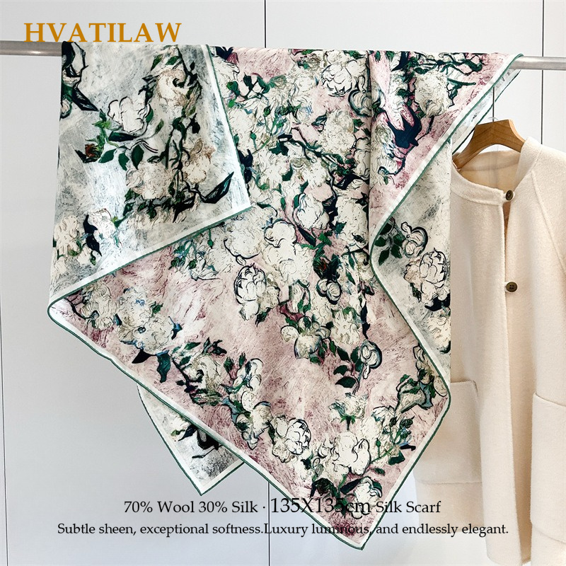 Shawl Wrap Winter - Luxury 135x135cm Silk Wool Scarf 30%